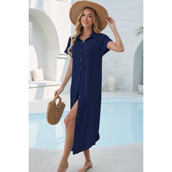 Women Navy Blue Long Maxi Button Down Summer Bikini Swimsuit Cover Beach Dress - Picture 3 of 5